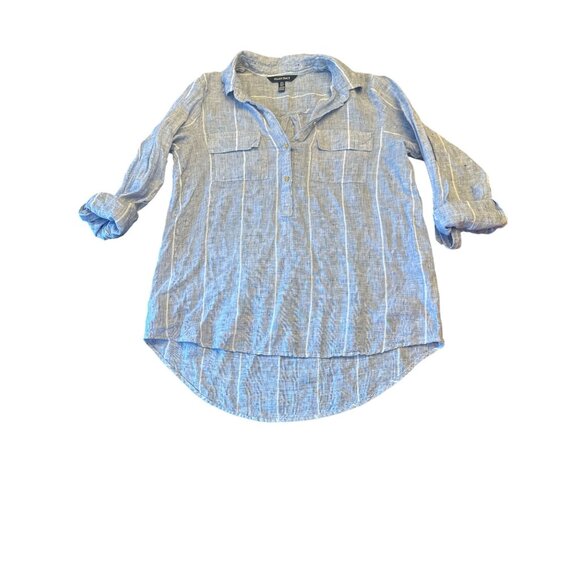 Ellen Tracy Womens Blue Striped 100% Linen Long Sleeve Pop over Shirt Medium - Picture 1 of 5